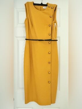 Calvin Klein Mustard Midi Dress with Black Belt, Size 4
